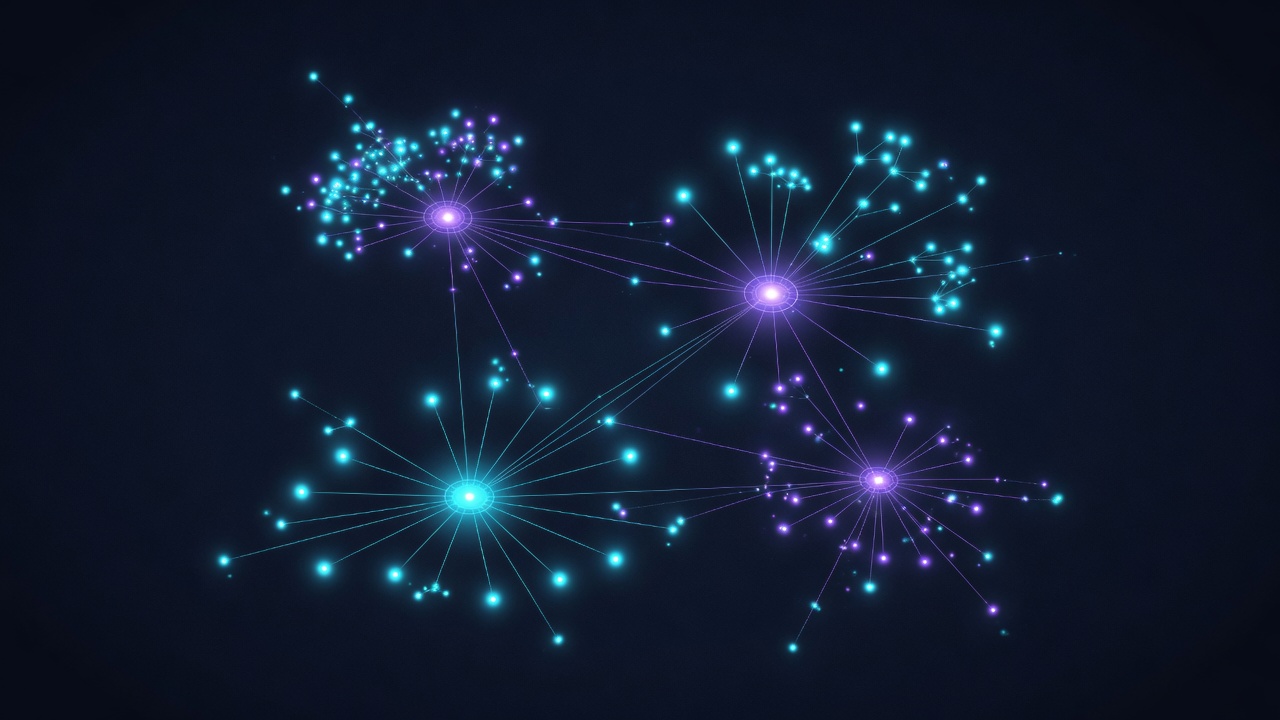 Abstract node graph rendering of company and vendor relationships in cyan and violet on navy